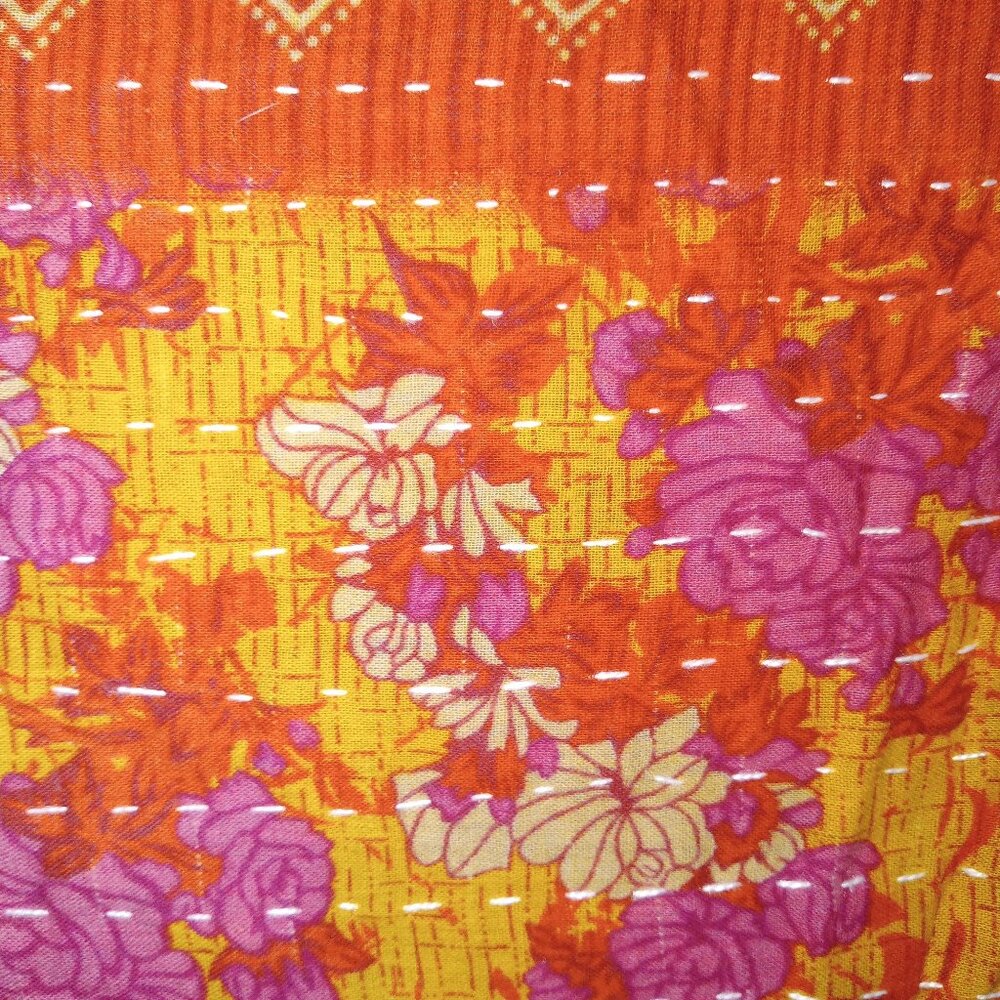 Kantha Quilt Blue Yellow Burnt Orange 54" x 83" Premium 3 Layer Cotton K141. - Picture 5 of 6